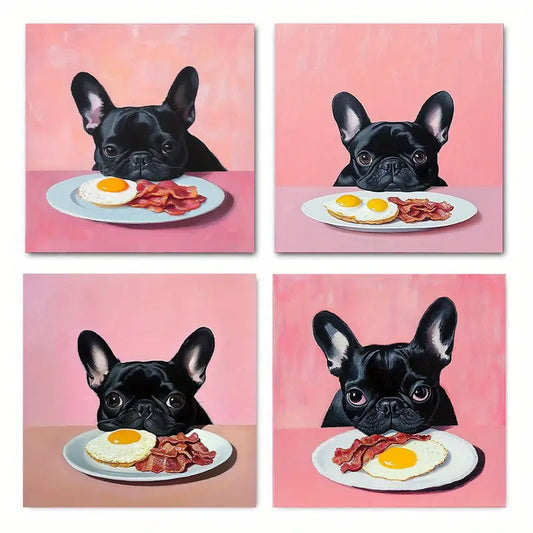 4pcs Charming Black French Bulldog   Wall Art Canvas Framed