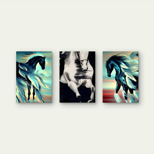 3pcs Majestic Running Horse Feather Motif Wall Art Set Canvas Framed 60x90cm - High Quality Print 100% Australian Made Wall Canvas Ready to Hang
