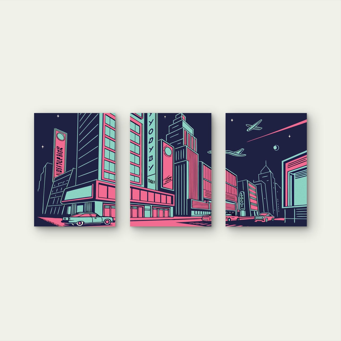 3pcs Neon Flight Over City Streets Metal Print Ready to Hang Art