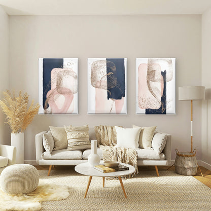 3pcs Navy Blue Blush Pink Gold Abstract Contemporary Luxury Elegant Wall Art Set Canvas Framed 60x90cm - High Quality Print 100% Australian Made Wall Canvas Ready to Hang