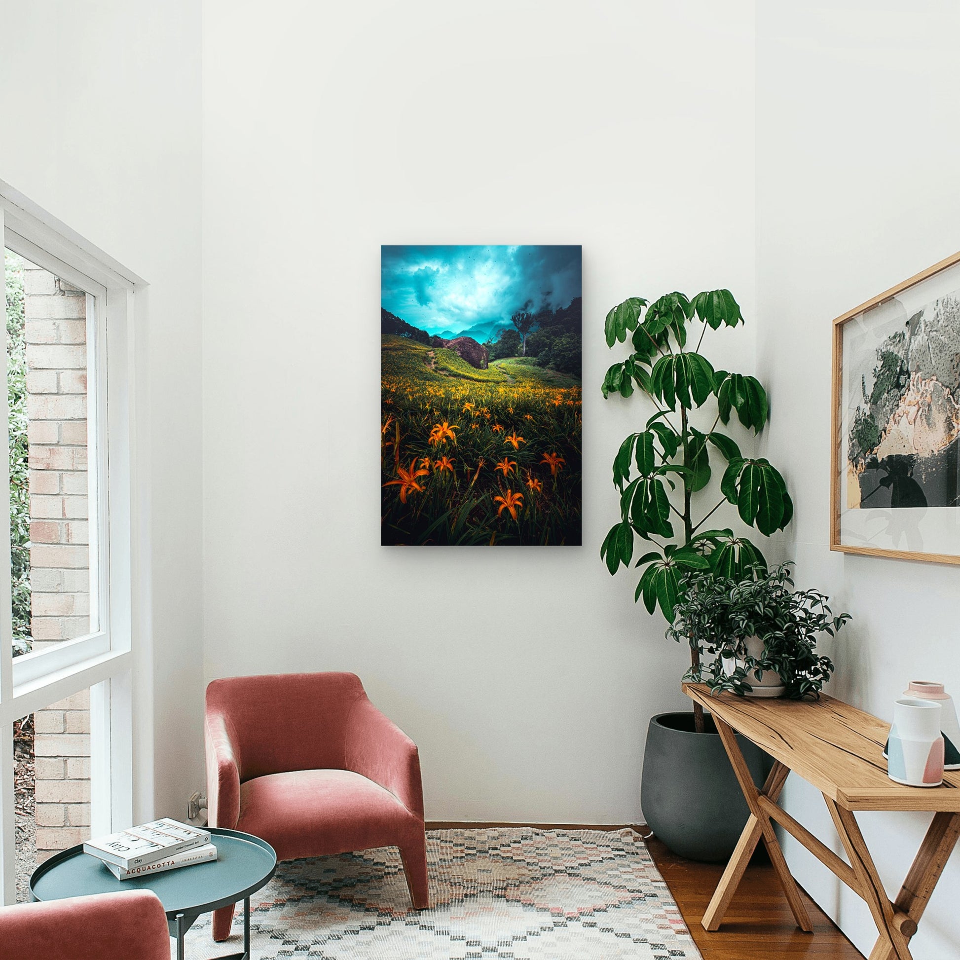 Orange Lily Field Mountain 40x60cm Metal Print Ready to Hang