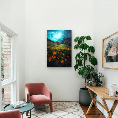 Orange Lily Field Mountain 40x60cm Metal Print Ready to Hang