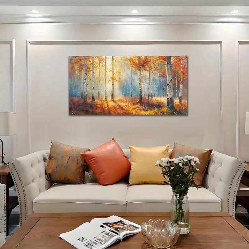 Autumn Birch Tree Vibrant Fall Foliage Forest Wall Art canvas office home room framed 120x60cm - Bella Home Decor