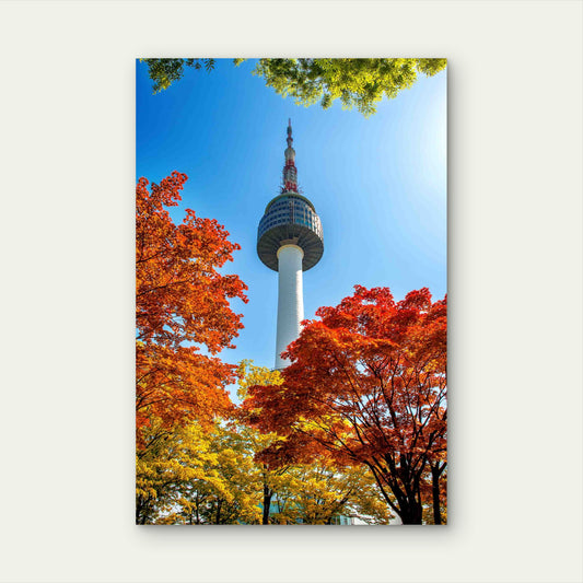 Seoul Tower Red Autumn Maple Leaves 40x60cm Metal Print Ready to Hang
