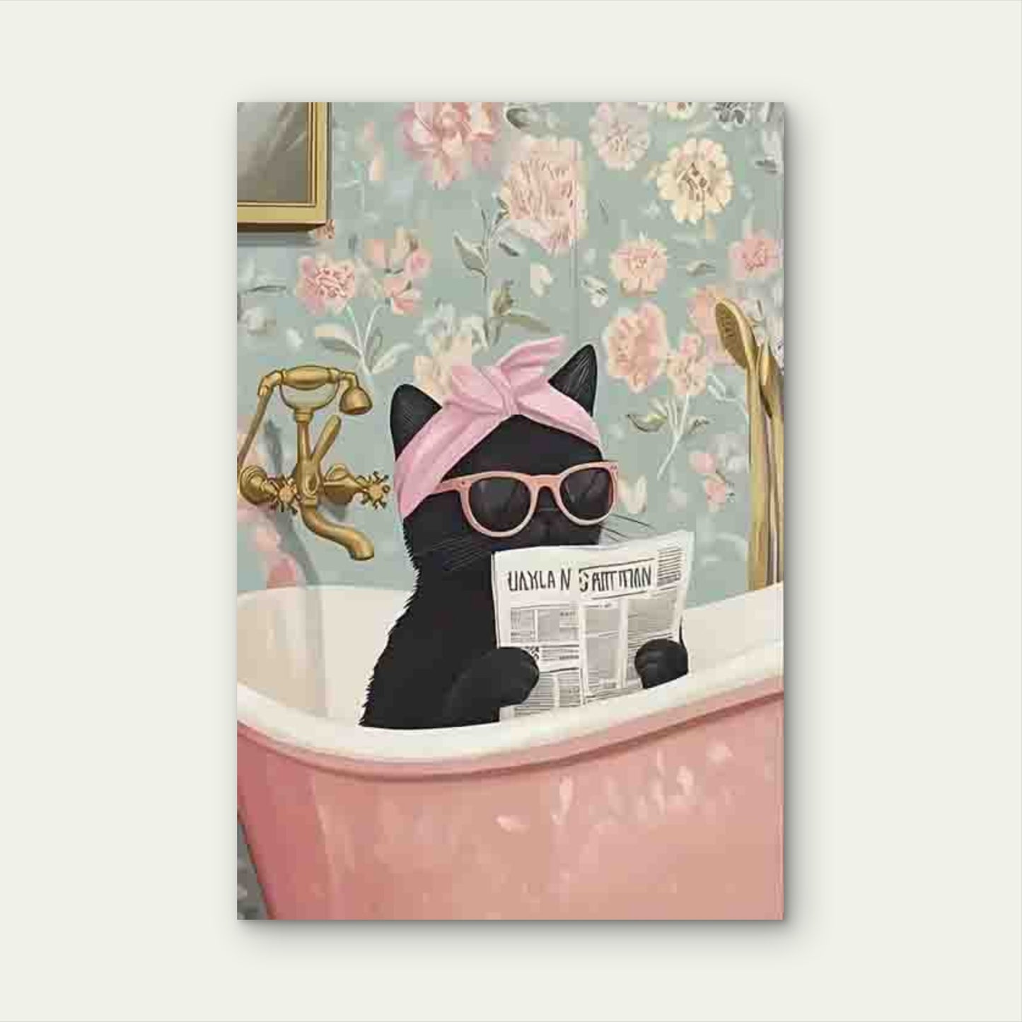 Cat In a Floral Bathroom 60x90cm Metal Print Ready to Hang