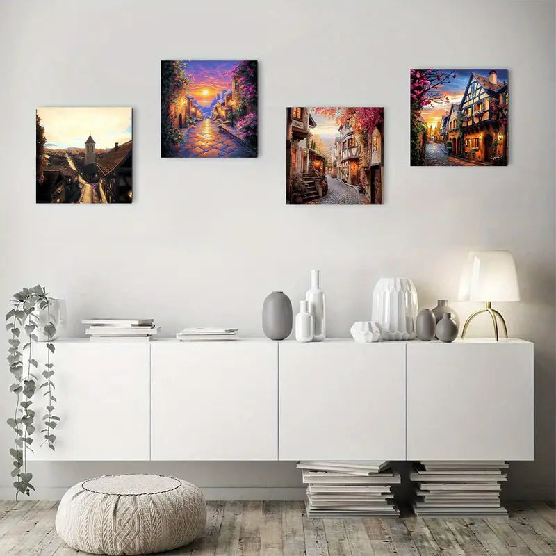 4pcs Evening Town Scener Canvas Art Prints  Wall Art Canvas Framed