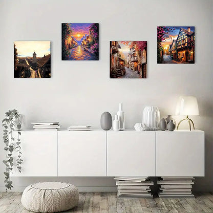 4pcs Evening Town Scener Canvas Art Prints  Wall Art Canvas Framed