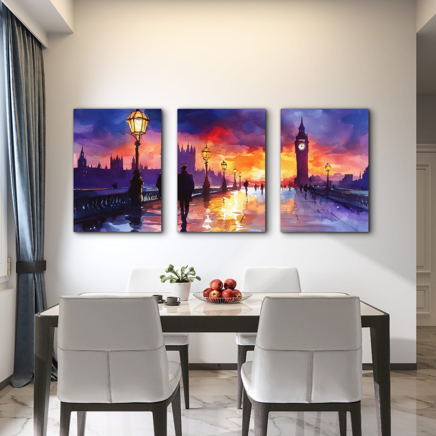 3pcs Glowing Street Lamps On Rainy London Wall Art Set Canvas Framed 60x90cm - High Quality Print 100% Australian Made Wall Canvas Ready to Hang - Bella Home Decor
