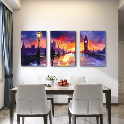 3pcs Glowing Street Lamps On Rainy London Wall Art Set Canvas Framed 60x90cm - High Quality Print 100% Australian Made Wall Canvas Ready to Hang - Bella Home Decor