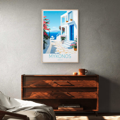 Mykonos Greece, Beach Font & Flowers Art Travel Poster Print Wall Art - Bella Home Decor