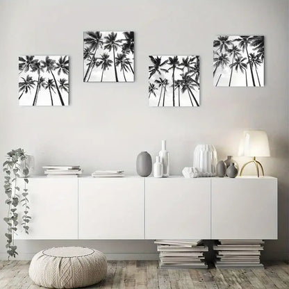 4pcs Beach Black And White Art Palm Trees Coconu Wall Art Canvas Framed