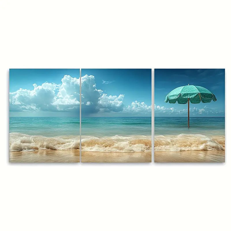 3pcs Serene Mint Parasol Beach Canvas Metal Print Ready to Hang Art
