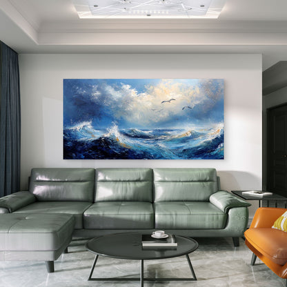 Ocean Waves And Seagulls Wall Art Canvas Office Home Room Framed 120x60cm - Bella Home Decor
