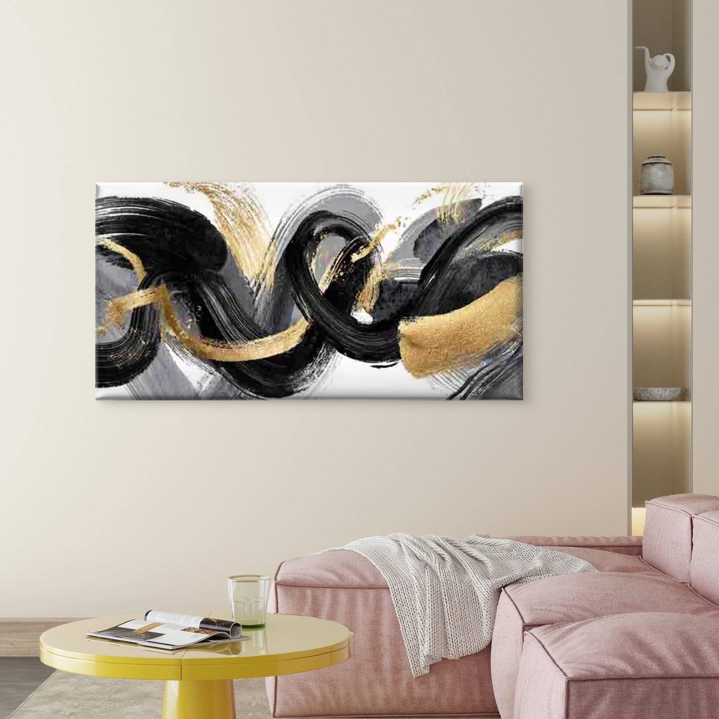Abstract Black White Swirls Wall Art Canvas Office Home Room Framed 120x60cm - Bella Home Decor