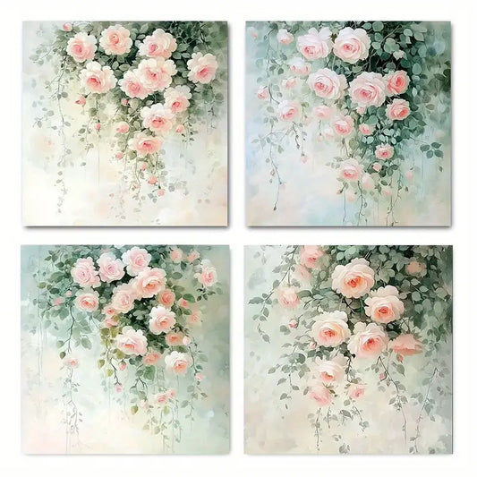 4pcs  Print Pink Roses Picture Modern  Wall Art Canvas Framed