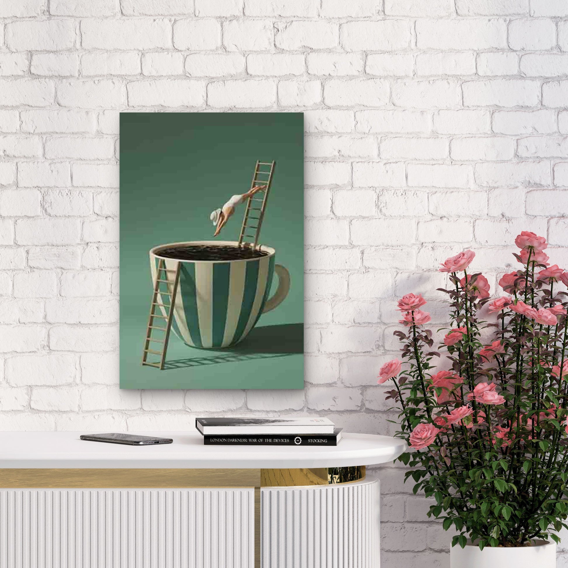 Diving Into a Coffee Cup 60x90cm Metal Print Ready to Hang - Bella Home Decor