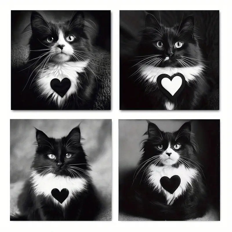 4pcs Chic Black & White Cat   Wall Art Canvas Framed