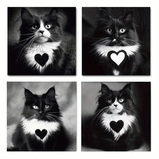 4pcs Chic Black & White Cat   Wall Art Canvas Framed