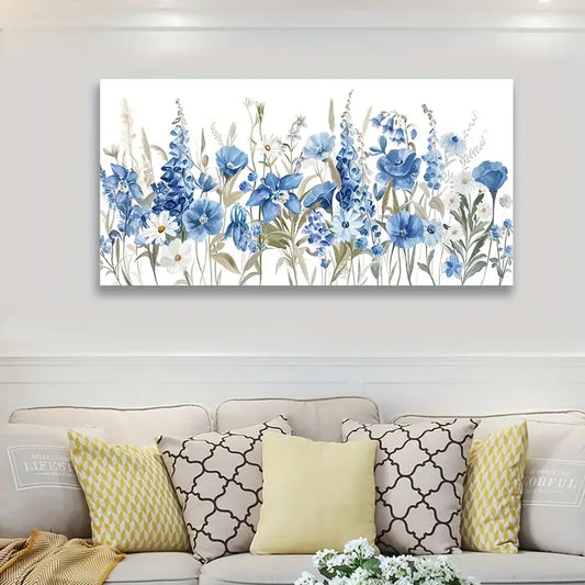 Vibrant Blue Iris & Daisy Modern Botanical Wall Art canvas office home room framed 120x60cm