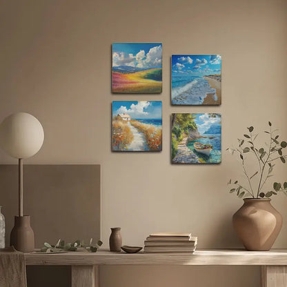 4pcs Beach Scene With Sailboat & Turquoise Water  Wall Art Canvas Framed