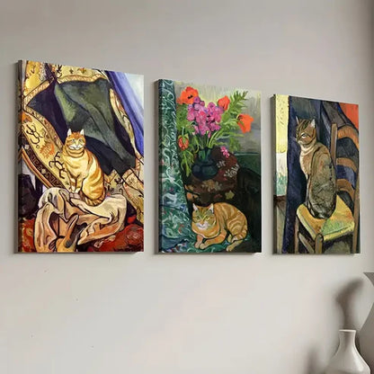 3pcs Retro Style Cat Abstract Landscape Art Wall Art Canvas Unframed - High Quality Print 100% Australian Made Wall Canvas