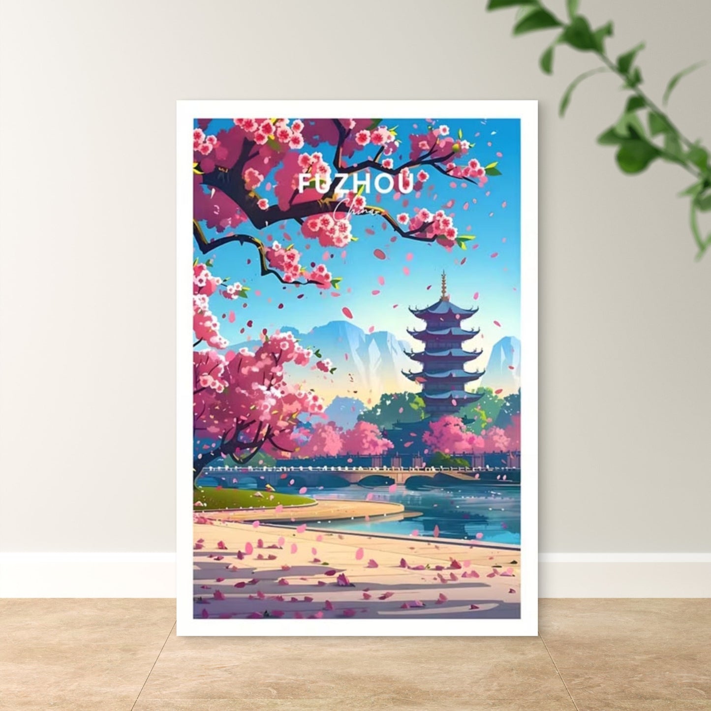 Fuzhou Cherry Blossoms & Pagoda Landscape Travel Poster Print Wall Art