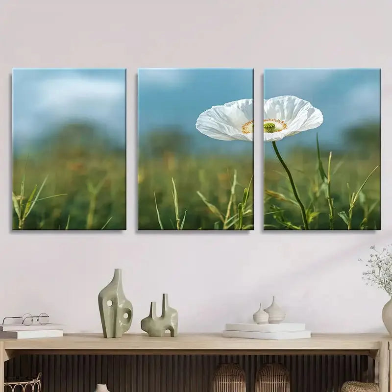 3pcs White Poppy Flower In Grass Field Metal Print Ready to Hang Art