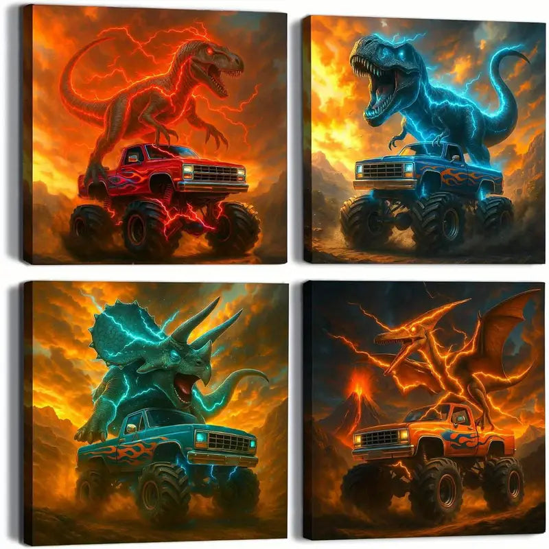 4pcs Truck, Tractor, Digger & Excavator Designs Wall Art Canvas Framed - Bella Home Decor