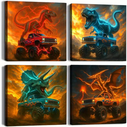 4pcs Truck, Tractor, Digger & Excavator Designs Wall Art Canvas Framed - Bella Home Decor
