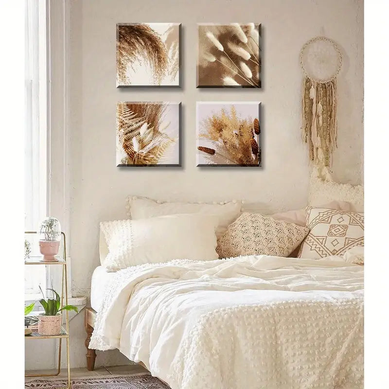 4pcs Dried Flowers and Grasses Wall Art Canvas Framed