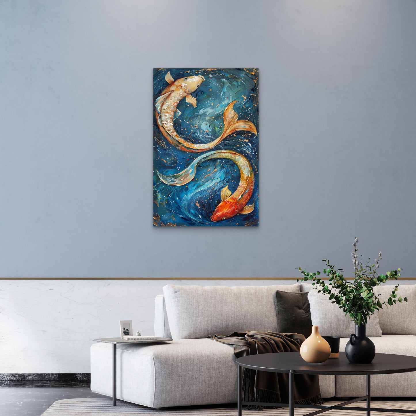 Golden Koi Fish Blue Abstract Art 40x60cm Metal Print Ready to Hang
