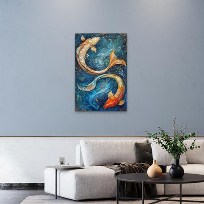 Golden Koi Fish Blue Abstract Art 40x60cm Metal Print Ready to Hang
