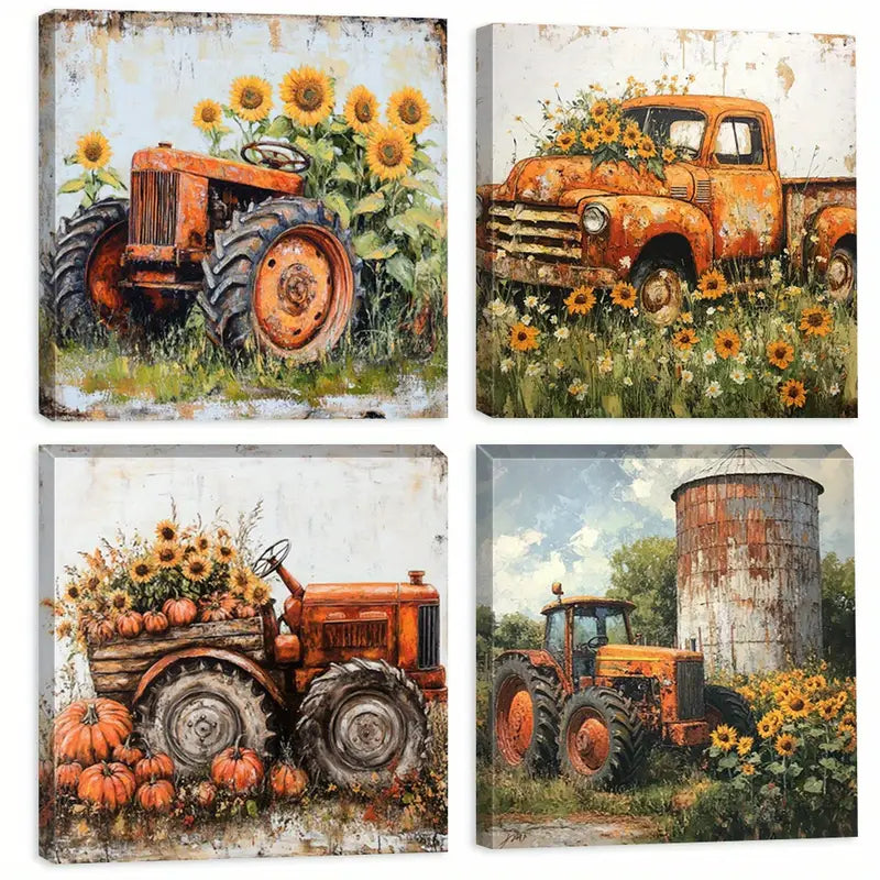 4pcs Sunflowers and vehicles  Wall Art Canvas Framed