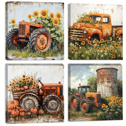 4pcs Sunflowers and vehicles  Wall Art Canvas Framed