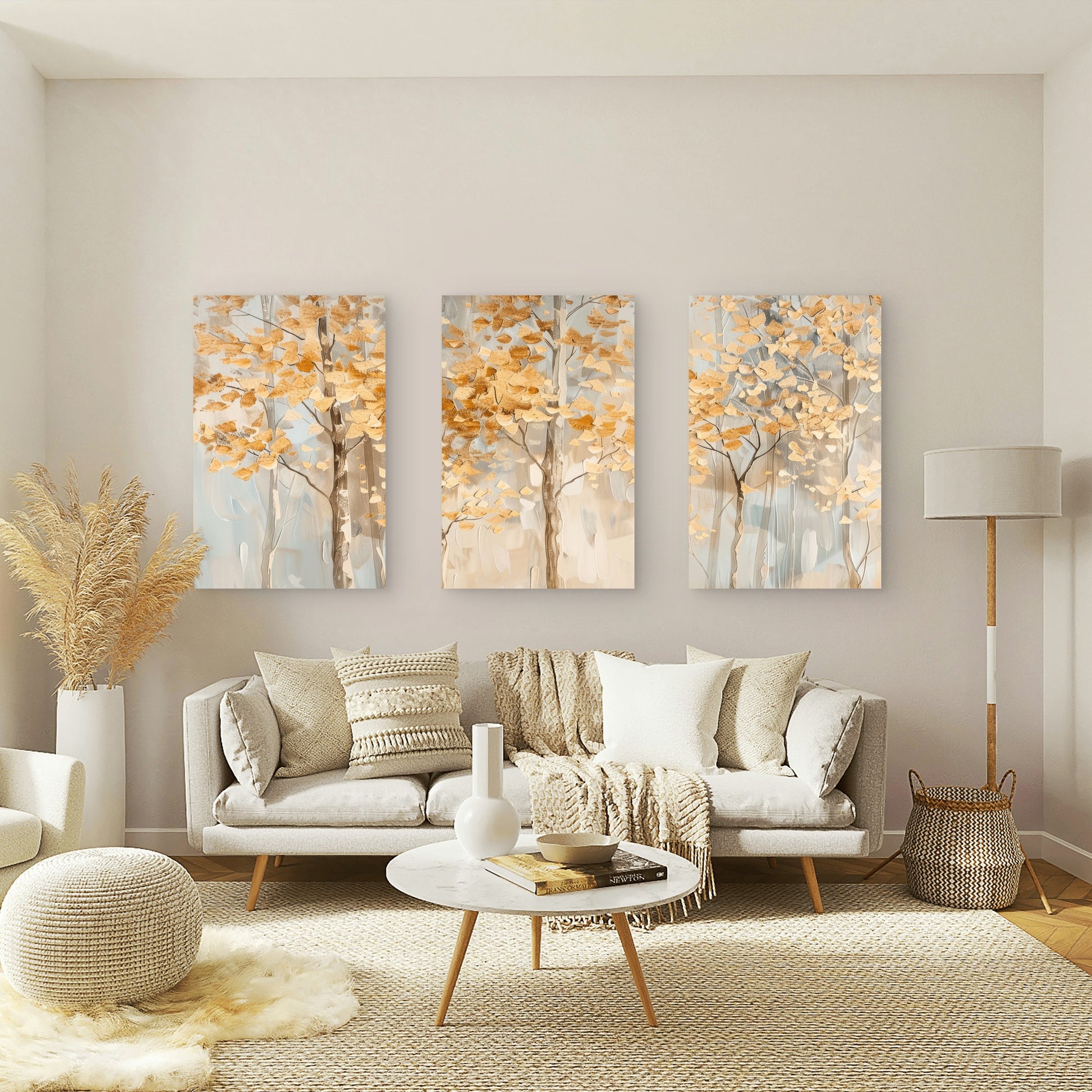 3pcs Abstract Golden Birch Aspen Tree Painting Wall Art Set Canvas Framed 60x90cm - High Quality Print 100% Australian Made Wall Canvas Ready to Hang