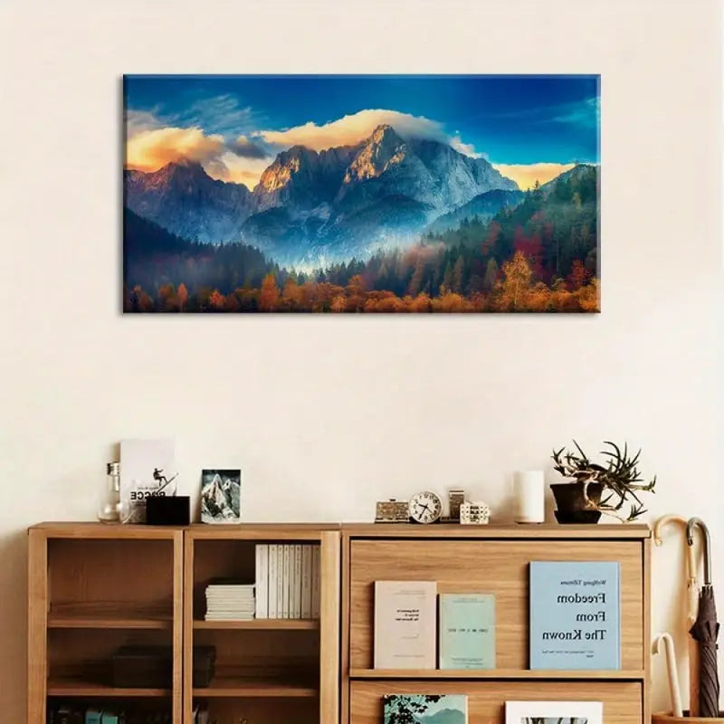 Vibrant Mountain Forest Nature Blue Sky Wall Art canvas office home room framed 120x60cm - Bella Home Decor