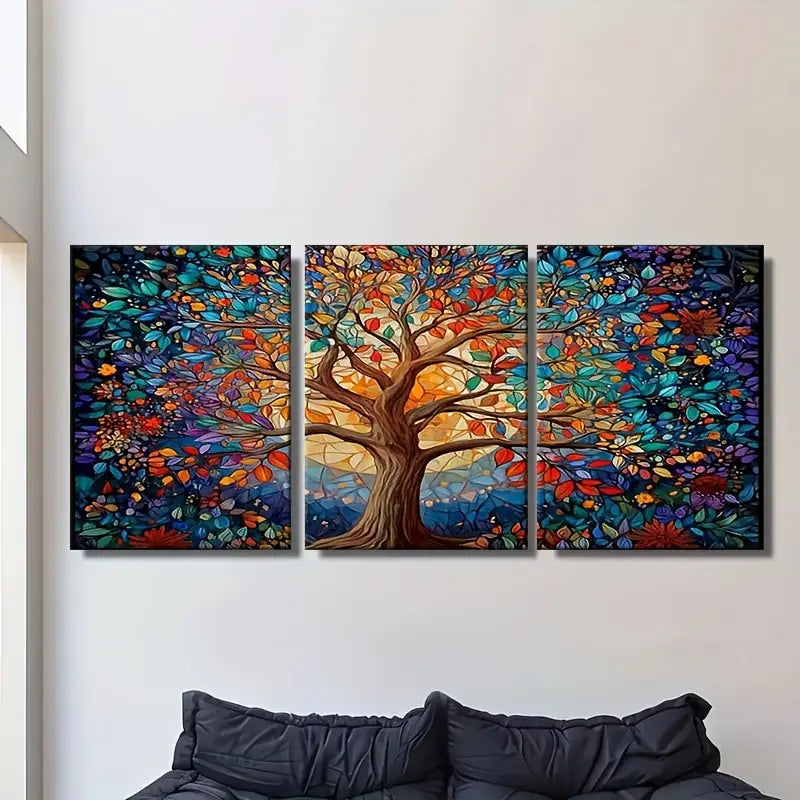 3pcs Vibrant Stained Glass-Style Metal Print Ready to Hang Art