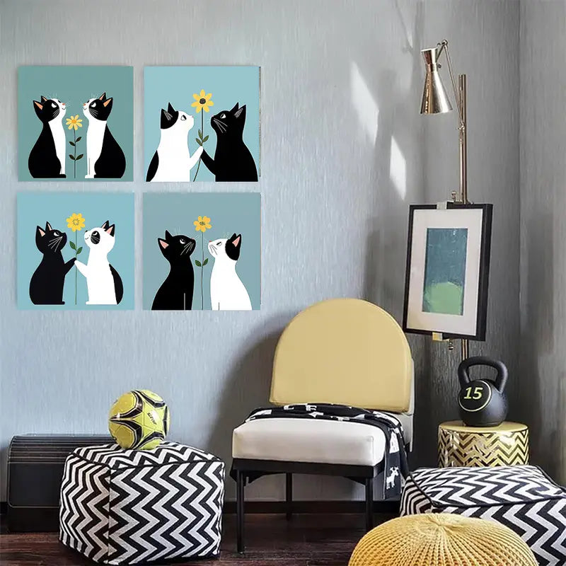 4pcs   Abstract Black and white cat FG Wall Art Canvas Framed