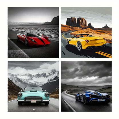 4pcs Yellow,Red,Blue Sports Car  Wall Art Canvas Framed