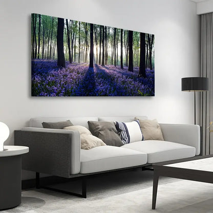 Purple Lavender Forest Vibrant Nature Sunlit Trees & Lush Foliage Wall Art canvas office home room framed 120x60cm - Bella Home Decor