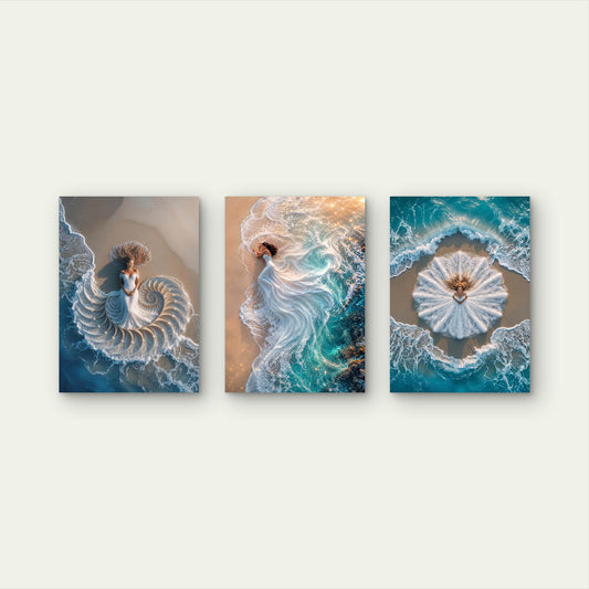 3pcs Ethereal Bridal Gown Ocean Waves Beach Aerial Photography Wall Art Set Canvas Framed 40x60cm - High Quality Print 100% Australian Made Wall Canvas Ready to Hang