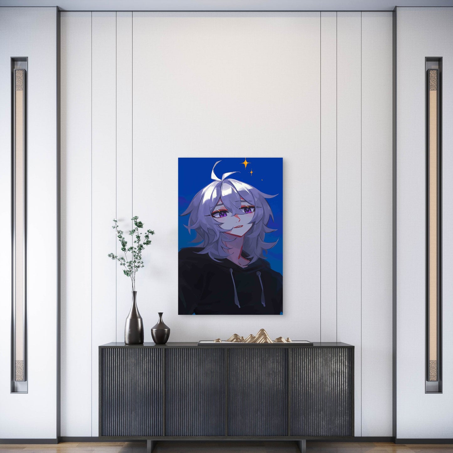 Anime Girl With a Blue Background Metal Print Ready to Hang
