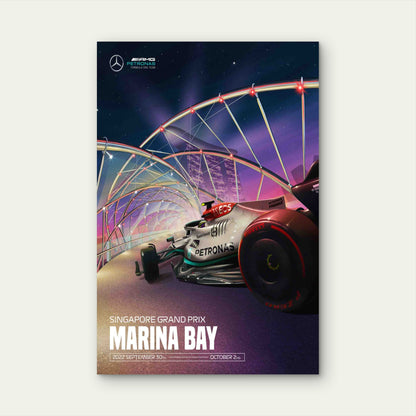 Silver Racing Car Singapore Night Cityscape 60x90cm Metal Print Ready to Hang