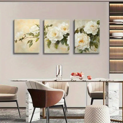 3pcs Elegant White Peony & Greenery Metal Print Ready to Hang Art