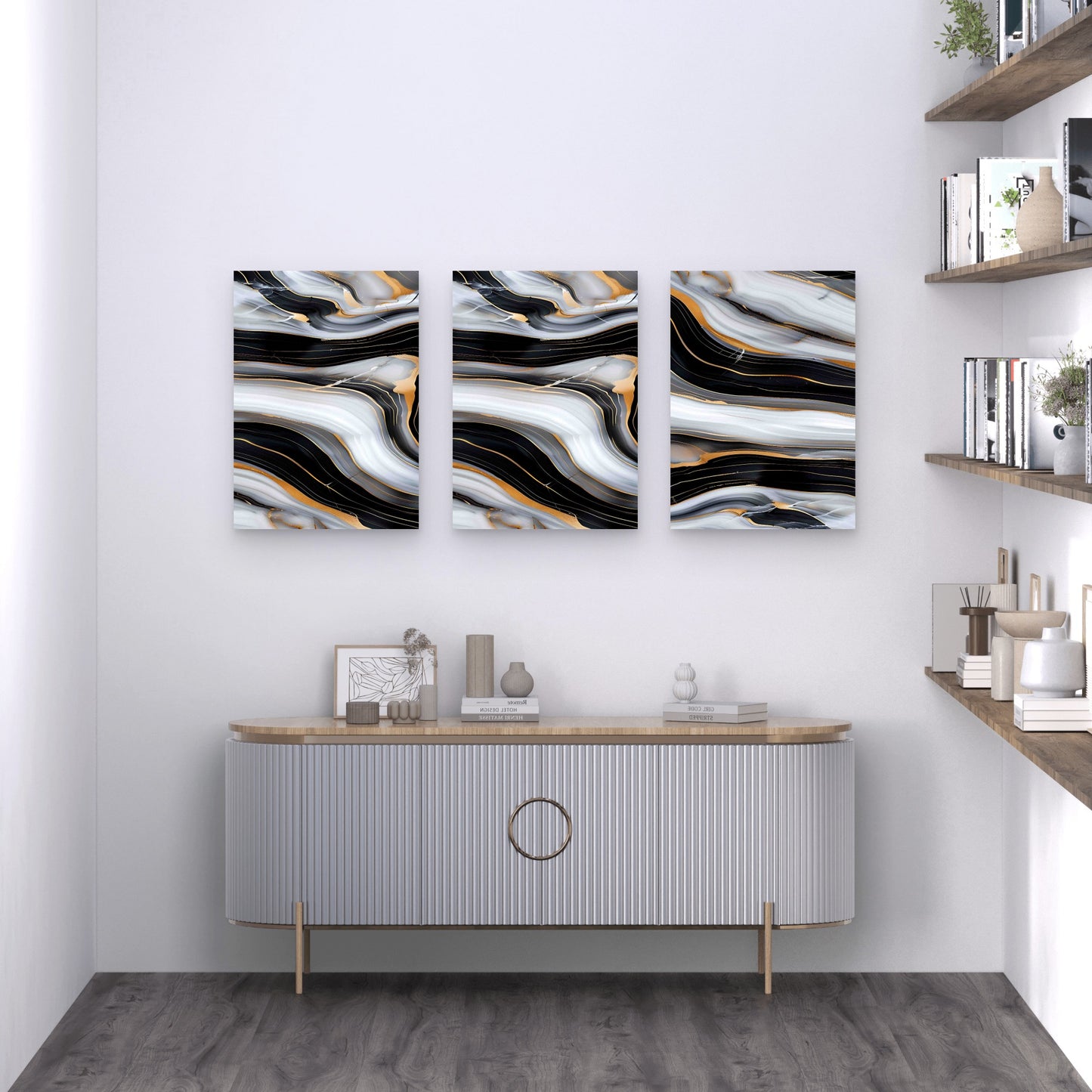 3pcs Marble Surface With Black Gold Swirl Metal Print Ready to Hang Art