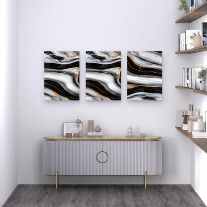 3pcs Marble Surface With Black Gold Swirl Metal Print Ready to Hang Art