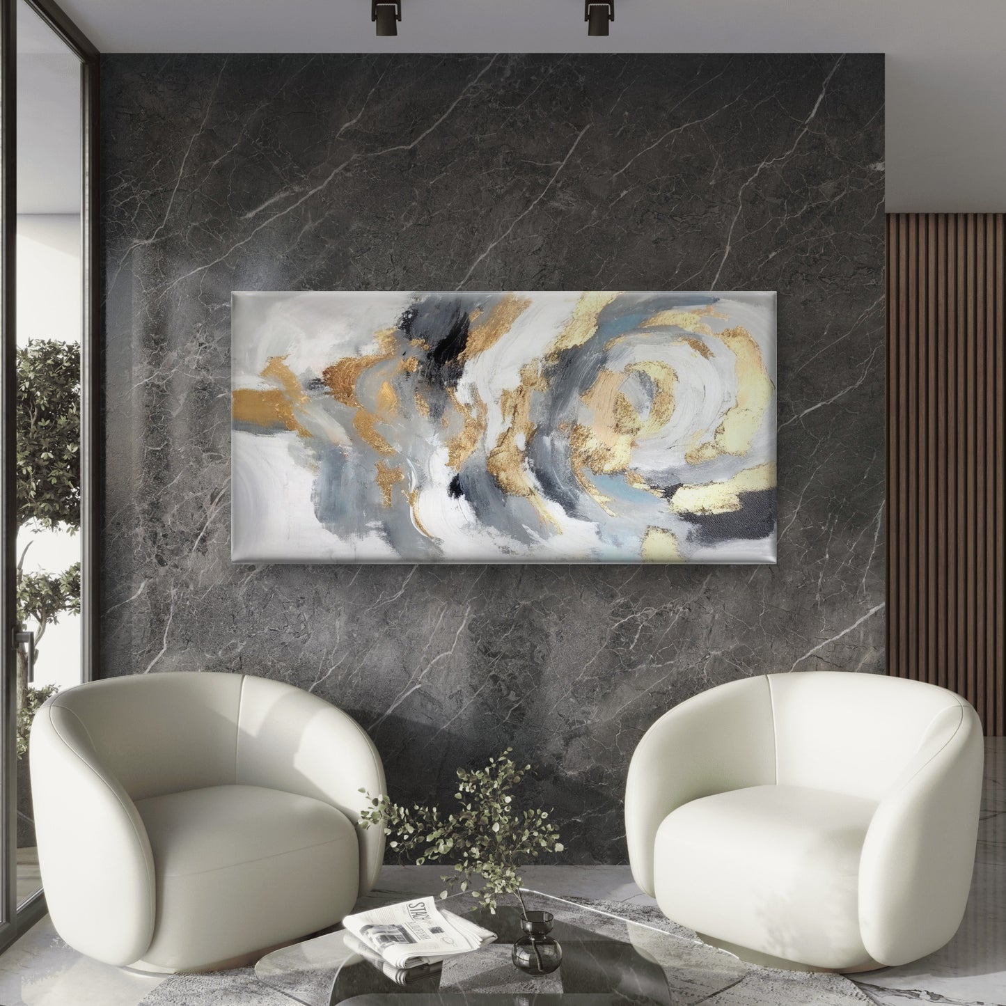 Grey Gold Brushstroke Abstract Wall Art Canvas Office Home Room Framed 120x60cm