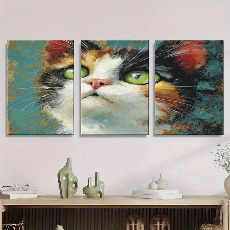 3pcs Adorable Calico Cat With Big Green Eyes Metal Print Ready to Hang Art - Bella Home Decor