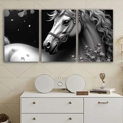 3pcs Black and White Horse Floral Accent Wall Art Set Canvas Framed 50x70cm - High Quality Print 100% Australian Made Wall Canvas Ready to Hang - Bella Home Decor