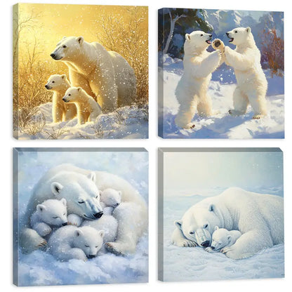 4pcs Ice Bear Family  Farmhouse Style   Wall Art Canvas Framed